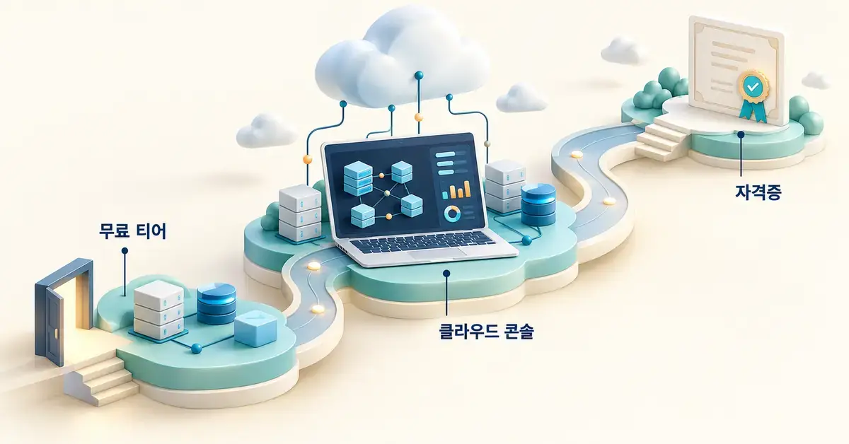 무료 티어 시작점에서 클라우드 콘솔과 자격증으로 이어지는 구글 클라우드 입문 과정을 구름 위의 연결된 길로 표현한 이미지.